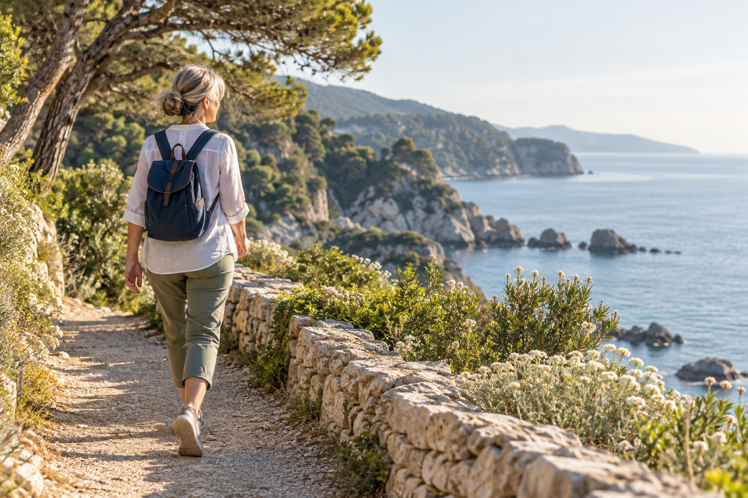 Personne adulte marchant tranquillement dans un paysage verdoyant