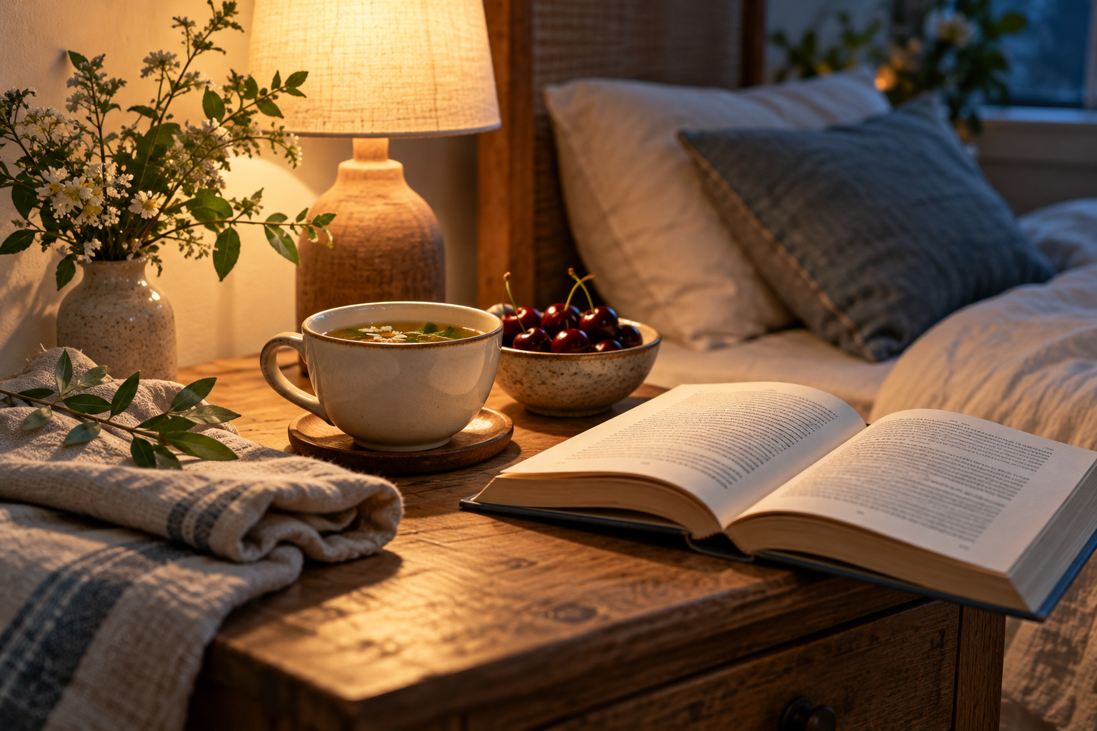 Livre, infusion et cerises sur une table de chevet dans une ambiance apaisante